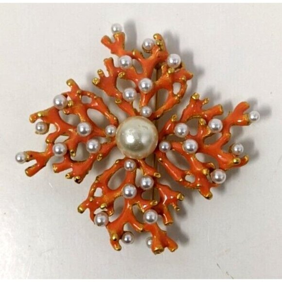 KJL KENNETH J LANE Large Enamel Brooch Coral Branch Faux Pearl Vintage Pin - Picture 13 of 16
